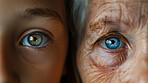 Eyes, vision and portrait of people in closeup for optical care,  eyesight and optometry together. Elderly woman, kid and support with face of family for healthcare, generations and medical condition