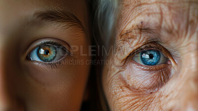 Eyes, vision and portrait of people in closeup for optical care, eyesight and optometry together. Elderly woman, kid and support with face of family for healthcare, generations and medical condition