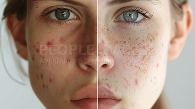 Collage, portrait and girl with skincare for acne, pimples and cosmetics treatment in studio. Face, female person and comparison of before after on white background, sensitive skin and transition