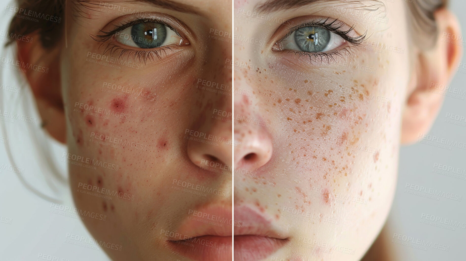 Buy stock photo Collage, portrait and girl with skincare for acne, pimples and cosmetics treatment in studio. Face, female person and comparison of before after on white background, sensitive skin and transition