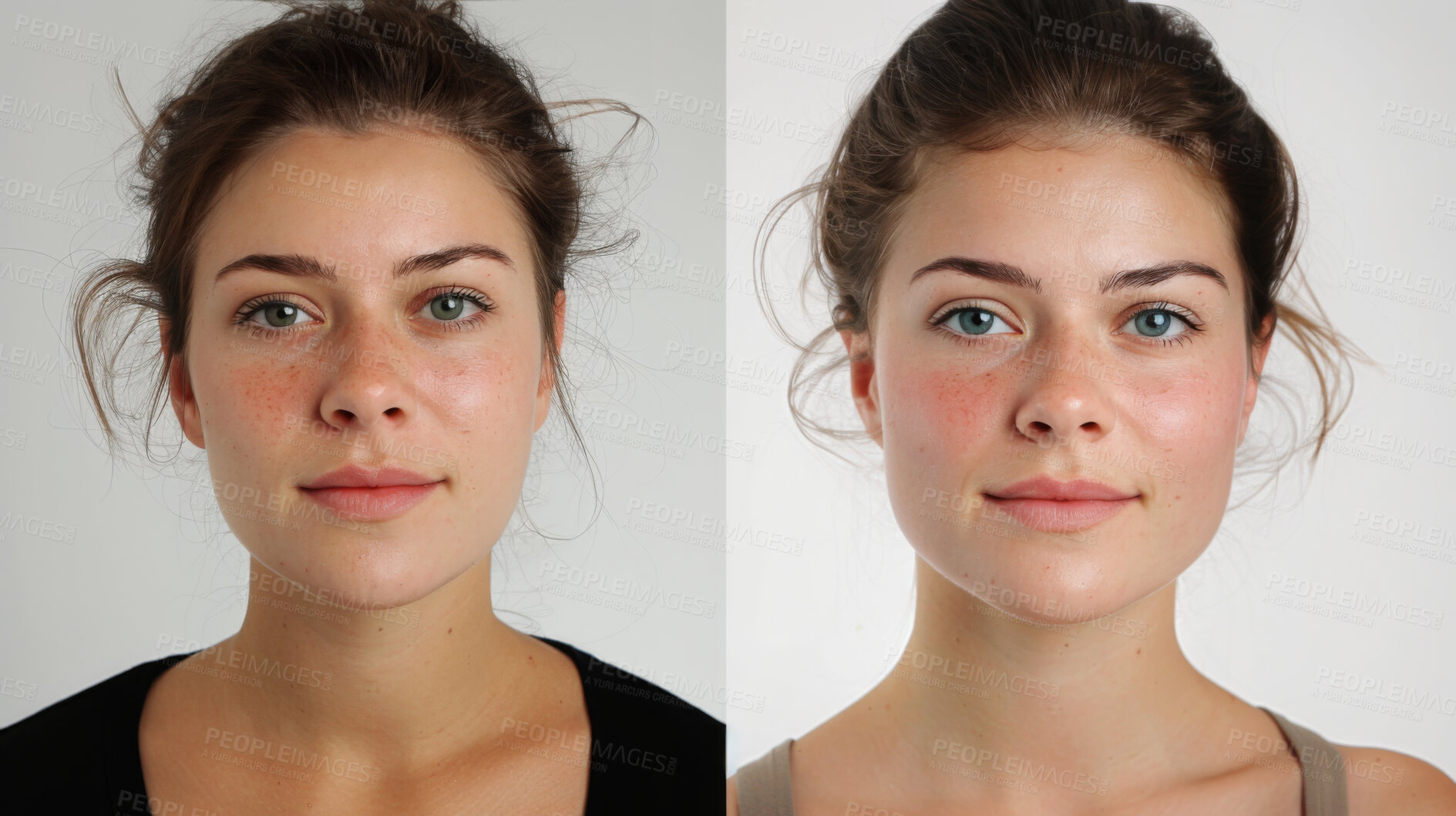 Buy stock photo Woman, portrait and makeup with skincare for aging or natural beauty of before and after. Face of female person with cosmetics in compare, versus or satisfaction for facial treatment or grooming