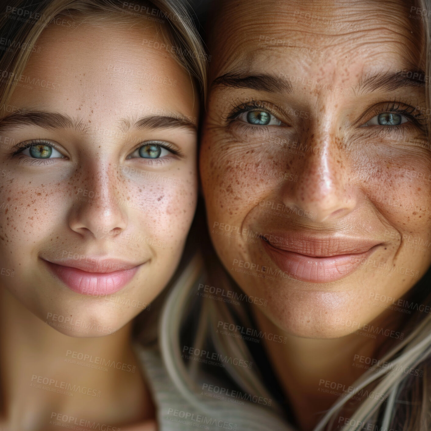 Buy stock photo Smile, youth and generation of mother, portrait and growth of face, before and after of skin and human. Years, lifespan and development of child, adult and mature person with age, stage and time