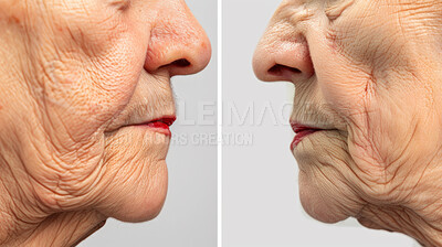 Profile, beauty and senior woman with vs, before and after with skincare on grey studio background. Side, compare and old person with clear skin, wrinkles and cosmetics with aesthetic and treatment