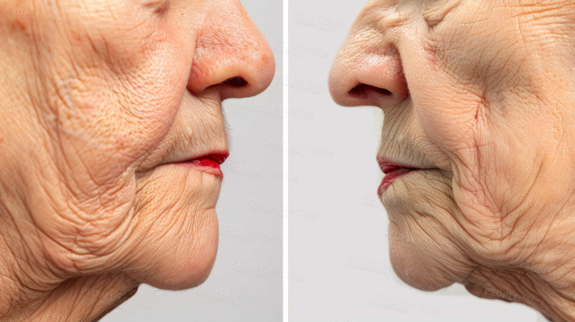 Buy stock photo Profile, beauty and senior woman with vs, before and after with skincare on grey studio background. Side, compare and old person with clear skin, wrinkles and cosmetics with aesthetic and treatment