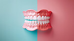 Compare, teeth whitening and colouring with healthy gums and transformation on pink studio background. Calcium, results and plaque with fresh breath, change and care with dental hygiene and treatment