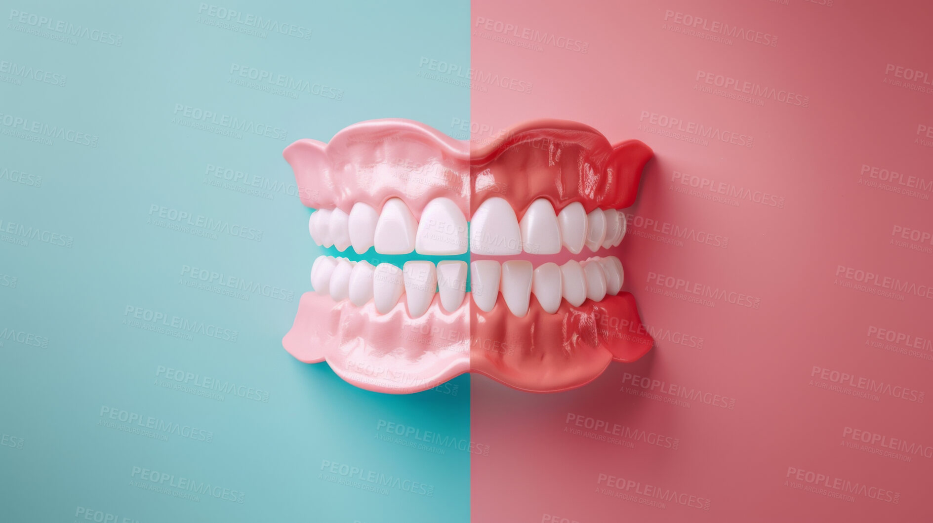 Buy stock photo Compare, teeth whitening and colouring with healthy gums and transformation on pink studio background. Calcium, results and plaque with fresh breath, change and care with dental hygiene and treatment