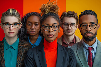 Business people, about us and corporate diversity in portrait for affirmative action, team and inclusion on color block background. Glasses, vision and confident with pride, equality and workforce