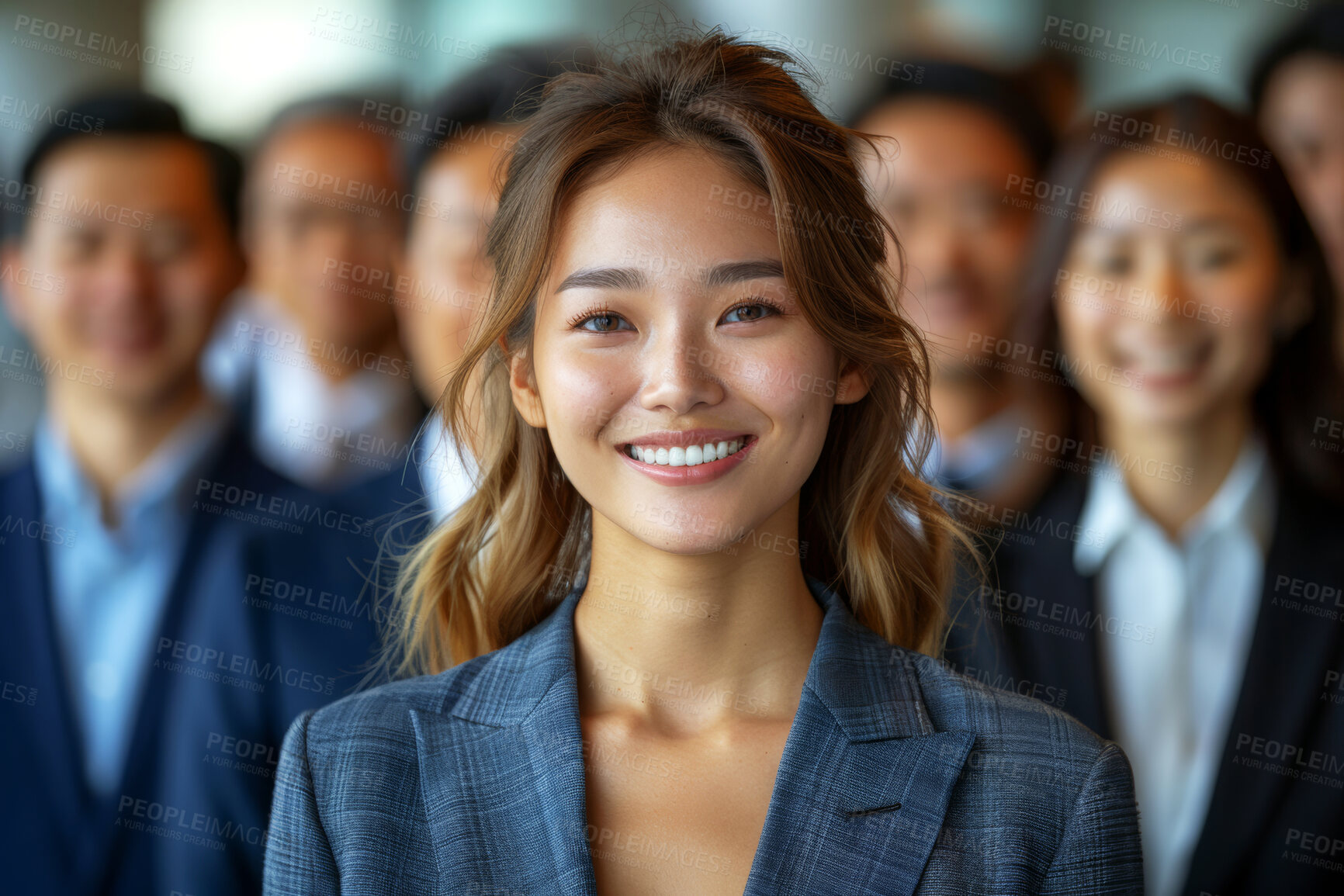 Buy stock photo Lawyer, asian woman and portrait in office with group, smile and pride for career, justice and confidence for job. Advocate, attorney and team for legal aid, leader and corporate law firn in Shanghai