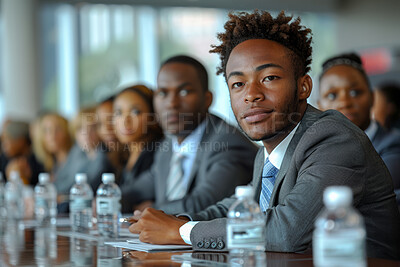 Black man, business meeting and portrait with professional group for team strategy, investment banking and collaboration. Confidence, pride and ambition with workplace seminar at financial firm