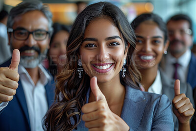 Thumbs up, business woman and leadership for agreement, success or support with team at workplace. Portrait, smile and hand gesture for feedback, review or vote with office politics and collaboration