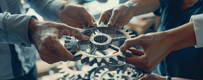 People, hands and cog with team for engineering, design or puzzle of mechanical gears or parts at workshop. Closeup of colleagues or coworkers with cogwheel for machinery or problem solving on banner