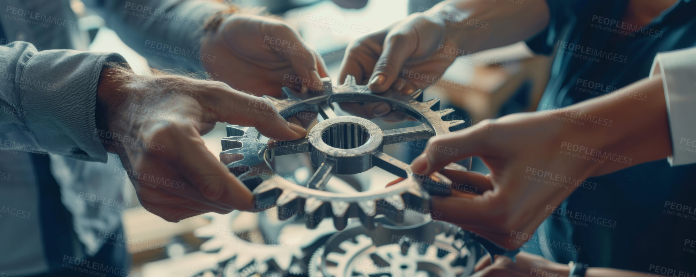 Buy stock photo People, hands and cog with team for engineering, help or puzzle of mechanical gears or parts at workshop. Closeup of colleagues or coworkers with cogwheel for machinery or problem solving on banner