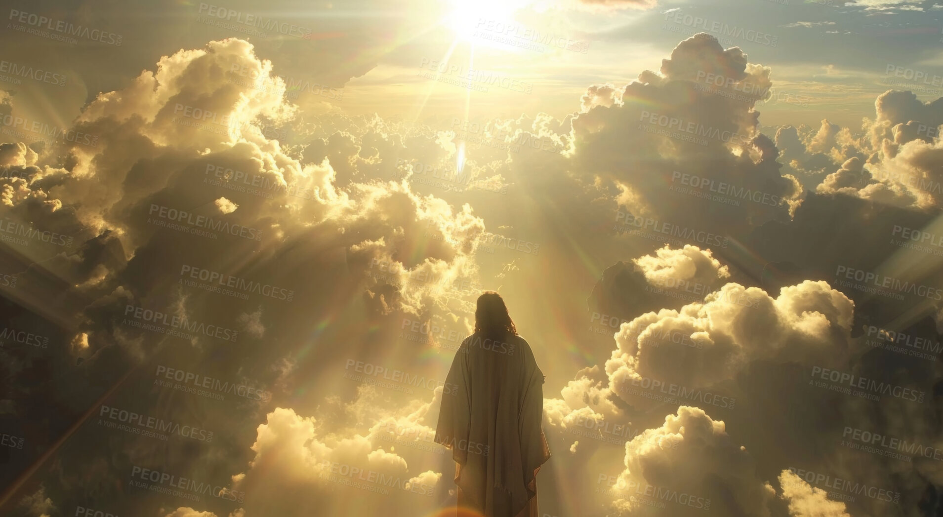 Buy stock photo Sun, god and Jesus christ or man in clouds, spiritual and heaven and peace in christianity for hope in sky. Resurrection, religion and holy spirit for mercy with humble prophet, praise and faith