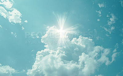 Blue sky, clouds and heaven with sunlight of God in belief, faith or spiritual religion at sunset. Abstract, background and wallpaper with bright cloudy weather in air for peace, praise or worship