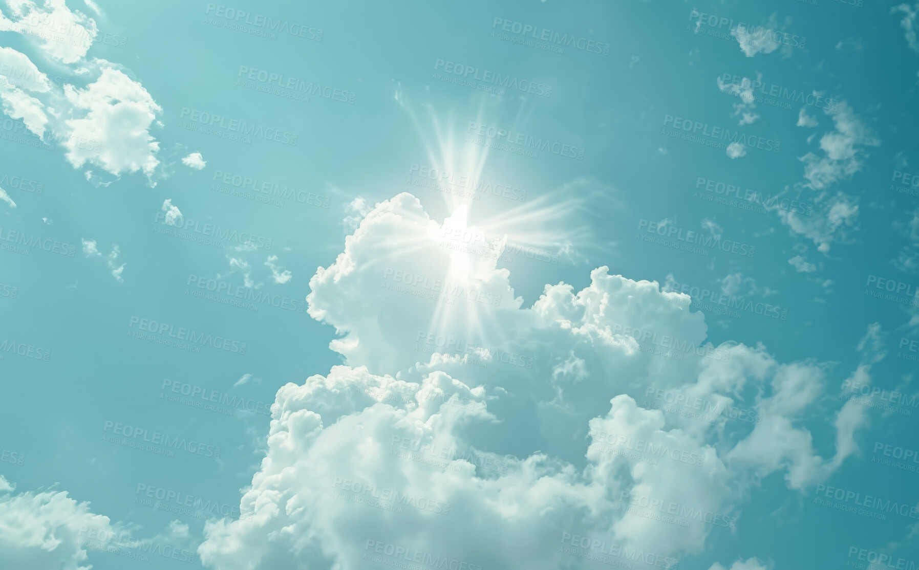 Buy stock photo Blue sky, clouds and heaven with sunlight of God in belief, faith or spiritual religion at daybreak. Abstract, background and wallpaper with bright cloudy weather in air for peace, praise or worship