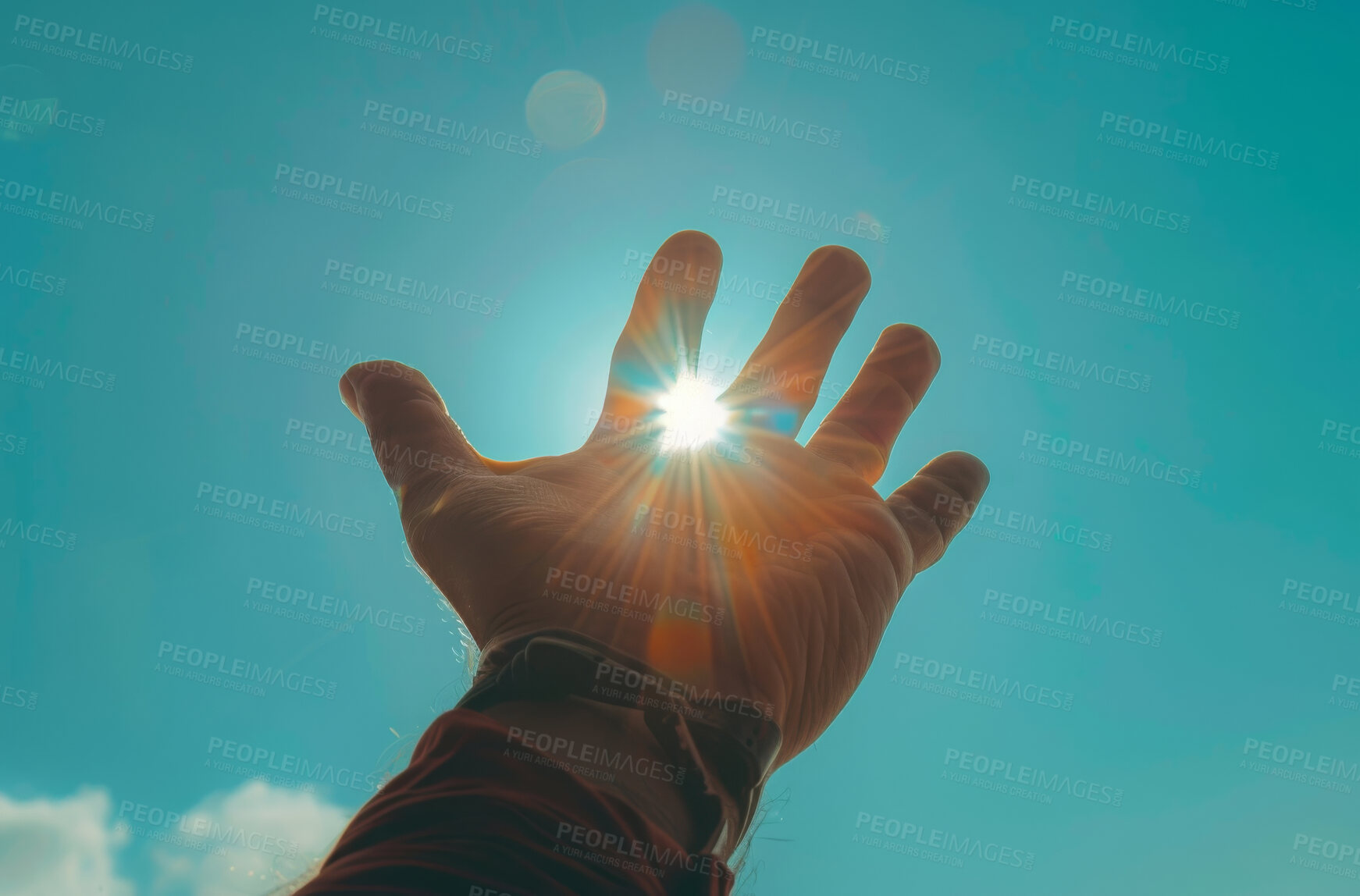 Buy stock photo Faith, hand and sunshine on blue sky for religion, hope and inspiration for spiritual support. God, heaven and person with reach in sun light for worship, care and gratitude prayer for soul wellness.