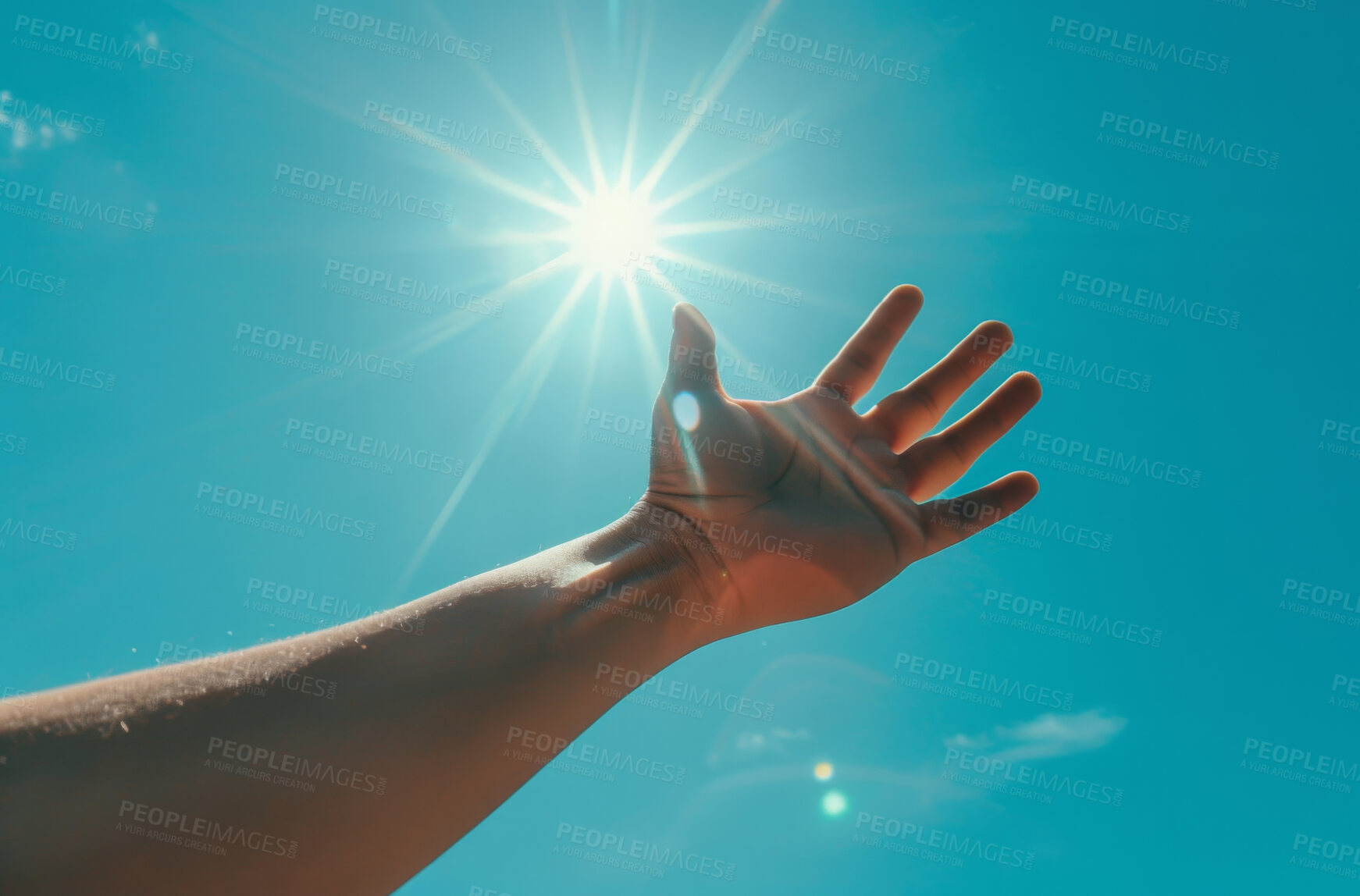 Buy stock photo Faith, hand and stretch with sun for religion, hope and spiritual balance with blue sky background. Person, open palm and heaven with sunshine for prayer, blessing and connection with god in nature