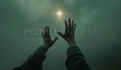 Faith, reach and hands with star on sky for religion, hope and inspiration for spiritual support. God, heaven and person with cross for worship, care and gratitude prayer for mental health wellness.