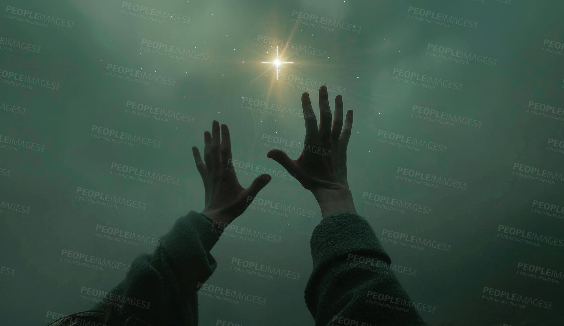 Buy stock photo Faith, reach and hands with star on sky for religion, hope and inspiration for spiritual support. God, heaven and person with cross for worship, care and gratitude prayer for mental health wellness.