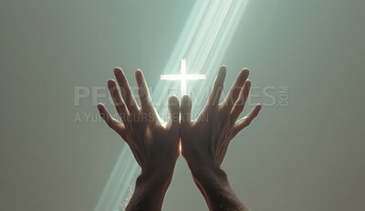 Hands, cross and light with faith, praying and religion with believe in God, peace and gratitude. Person, mockup space and worship with symbol for resurrection, gospel and forgiveness with praise