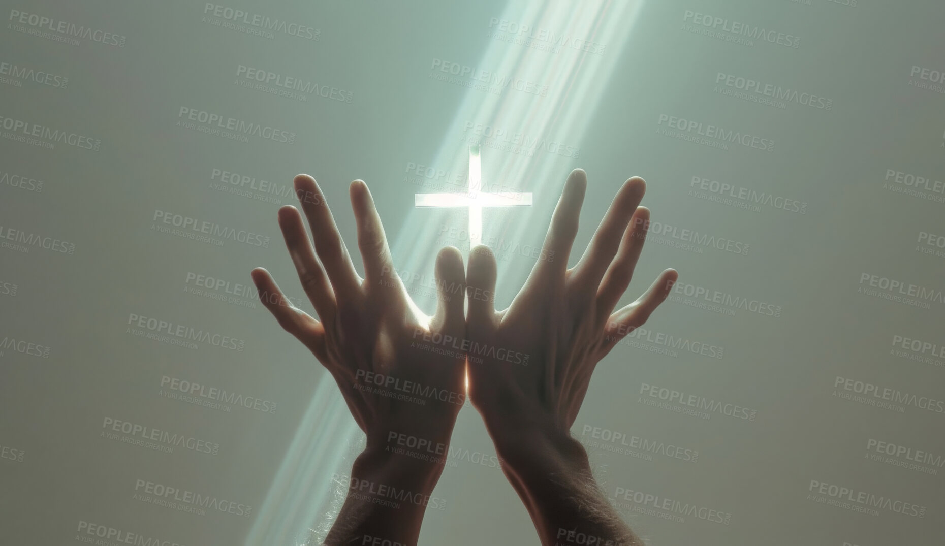 Buy stock photo Hands, cross and light with faith, praying and religion with believe in God, peace and gratitude. Person, mockup space and worship with symbol for resurrection, gospel and forgiveness with praise