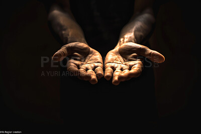 Person, hands and prayer with faith for god, religion or submission on a dark studio background. Closeup of praying or palms together in light for hope, charity or care in support or offer on mockup