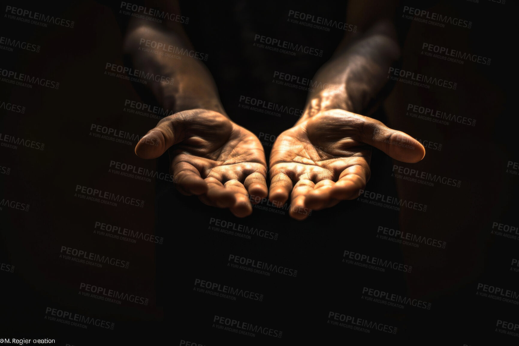 Buy stock photo Person, hands and prayer with faith for god, religion or submission on a dark studio background. Closeup of praying or palms together in light for hope, charity or care in support or offer on mockup