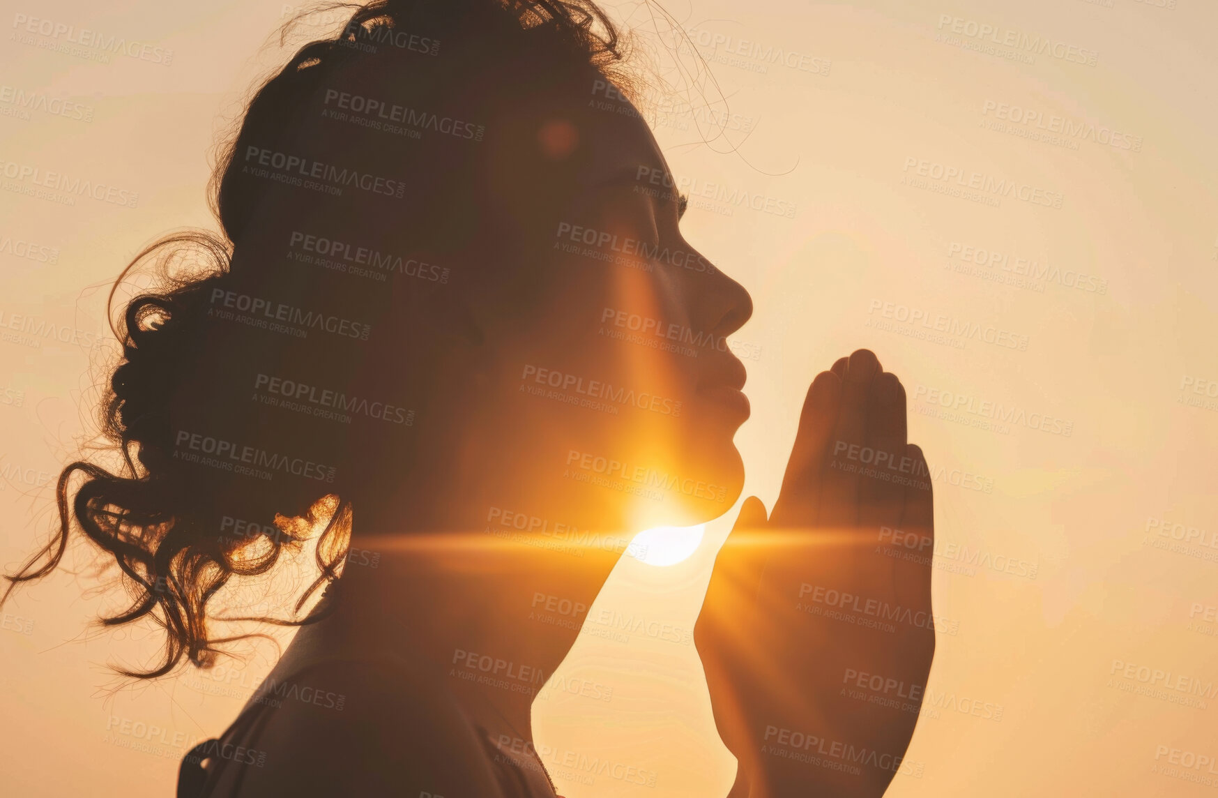 Buy stock photo Woman, relax and praying with hands together in sunset for faith, religion or god in outdoor nature. Calm female person or prayer in submission to creator for holy light, Christianity or worship