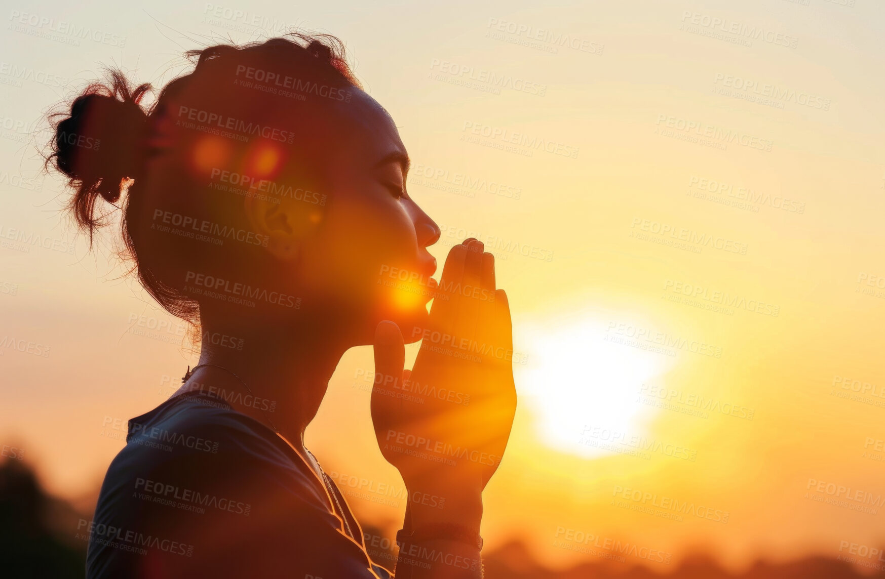 Buy stock photo Woman, prayer and sun with hope or faith for sign, blessing and help from God or divine being. Christian person, worship and praise with gratitude or trust in Jesus for miracle, health and healing