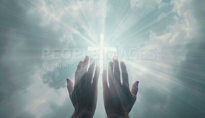 Worship, hands and cross in sky for hope, religion and prayer to Jesus christ. Christian person, faith and praise for God, heaven and the resurrection or forgiveness of sin by gospel or church
