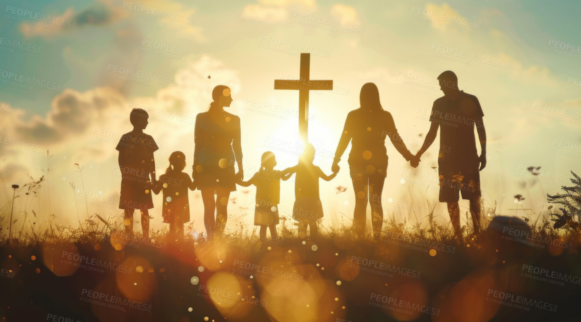 Buy stock photo Cross, faith and prayer with family holding hands outdoor at sunset for belief, praise or worship together. God, Jesus and religion with silhouette of people praying for miracle from back at crucifix