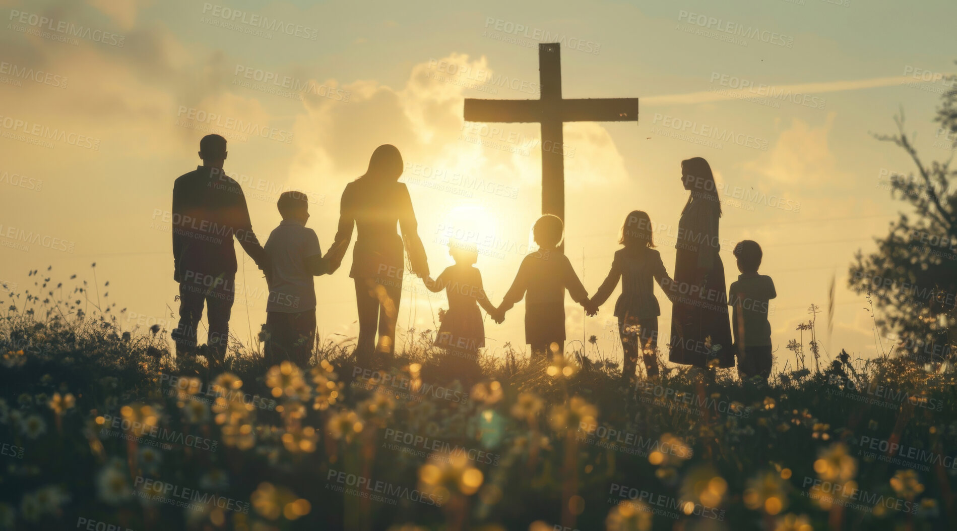 Buy stock photo Cross, prayer and religion with family holding hands outdoor at sunset for belief, praise or worship together. Faith, God and Jesus with silhouette of people praying for miracle from back at crucifix