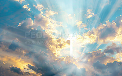 Clouds, heaven and sky with cross of Jesus in belief, faith or spiritual religion at sunset. Abstract, background or wallpaper and God in air with colorful cloudy weather for peace, praise or worship