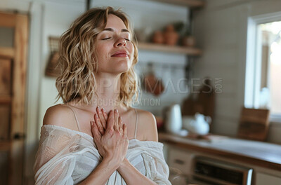 Meditation, breathing and woman in home for peace, gratitude and zen and balance for calm. Relax, praying and female person with grateful gesture in morning for mindfulness or grounding at apartment.