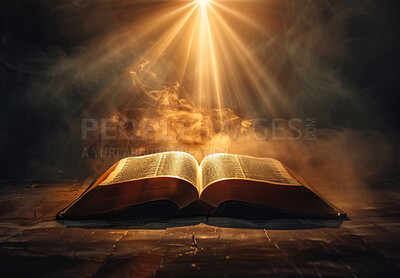 Open book, bible and light on table from heaven with glowing from salvation, knowledge and trust in Jesus. Holy story, religion study and sunlight on scripture for spiritual healing, guide and gospel