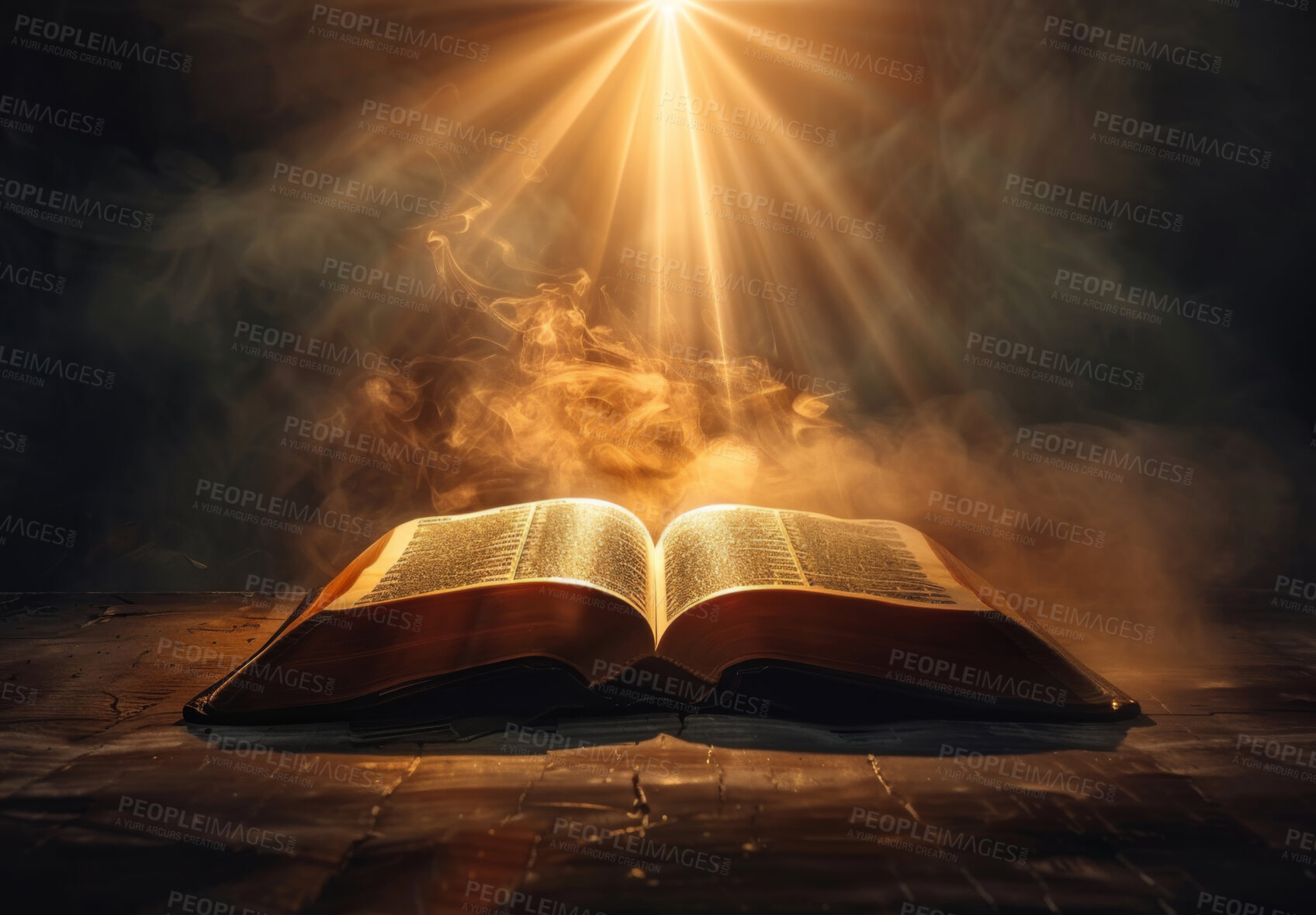 Buy stock photo Open book, bible and light on table from heaven with glowing from salvation, knowledge and trust in Jesus. Holy story, religion study and sunlight on scripture for spiritual healing, guide and gospel