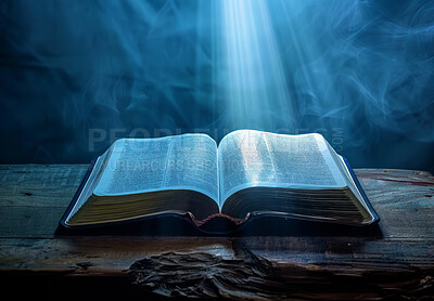 Open book, bible and light on table for christianity with salvation from heaven, knowledge and trust in God. Holy story, religion study or sunlight on scripture for spiritual healing, guide or gospel
