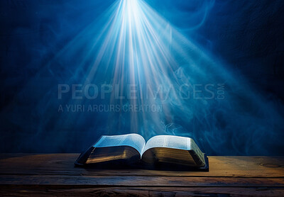 Light, faith and bible for Christianity, table and book for praise, Jesus and worship of God and story. Religion, study and knowledge for prayer, power and ethics of guide, holy spirit and gospel