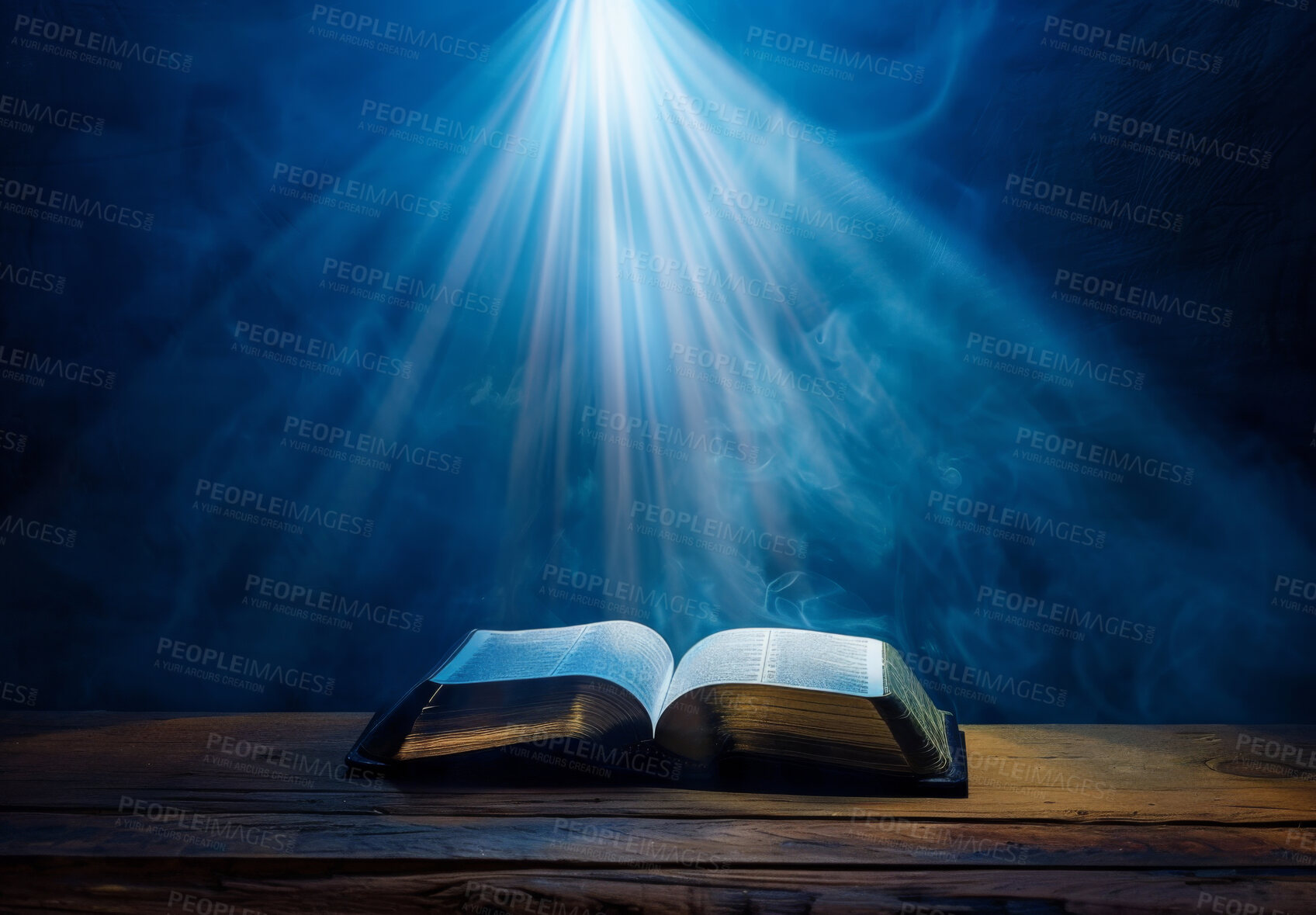 Buy stock photo Light, faith and bible for Christianity, table and book for praise, Jesus and worship of God and story. Religion, study and knowledge for prayer, power and ethics of guide, holy spirit and gospel