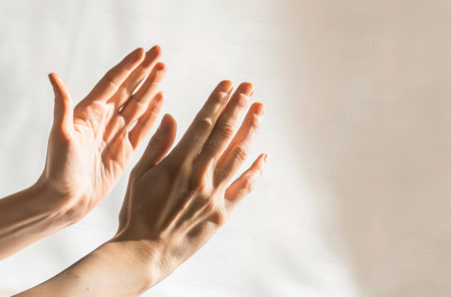 Buy stock photo Faith, praying and person with hands in air for spiritual healing, awareness and religious support. Connection, love and hope in prayer with praise for peace, blessing and gratitude in worship