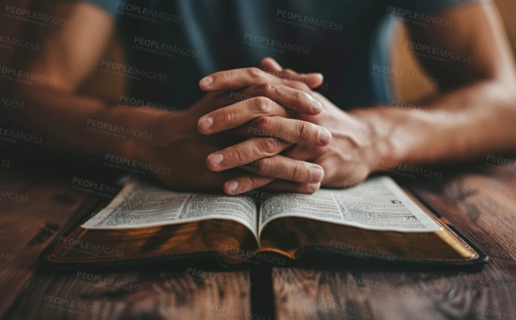 Buy stock photo Prayer, faith and person with hands on bible in home for hope, thanks and gratitude to God in gospel. Praise, worship and holy book for spiritual love, respect and trust with Christian religion 