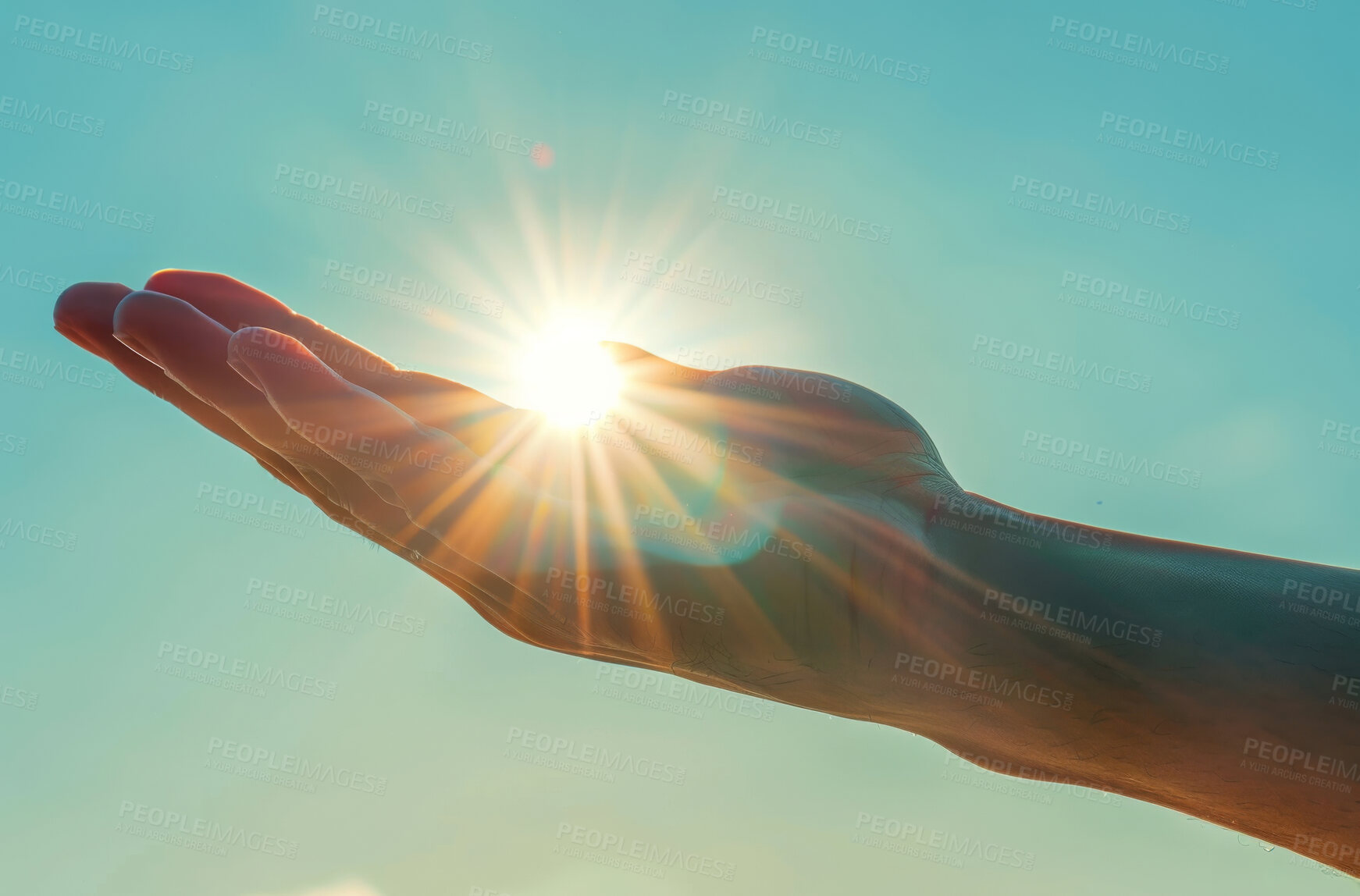 Buy stock photo Faith, flare and hand in sunshine on blue sky for religion, hope and inspiration for spiritual support. God, heaven and person with sun light for worship, care and gratitude prayer for soul wellness.