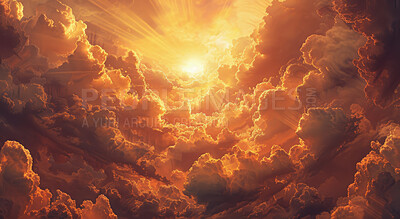 Clouds, heaven and orange sky with God for belief, faith or spiritual religion at sunset. Abstract, background and wallpaper with bright cloudscape weather in air for peace, praise or worship