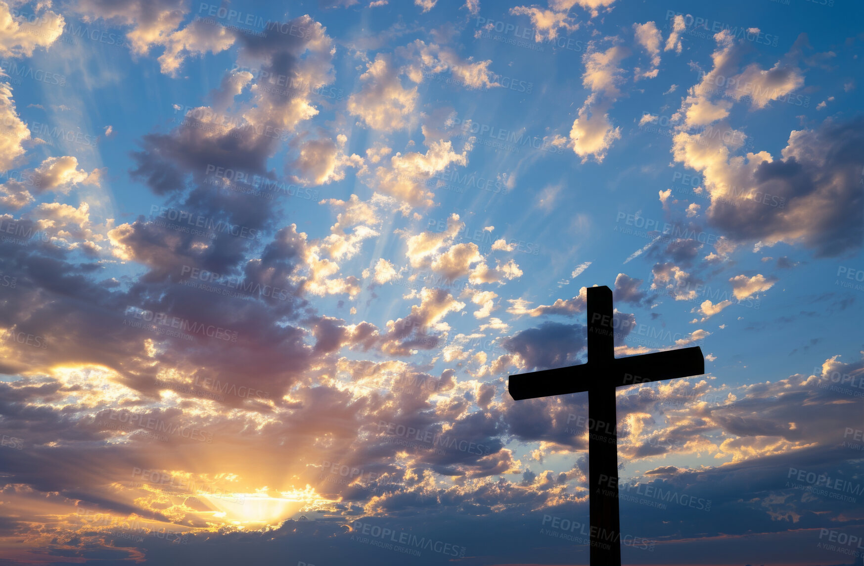 Buy stock photo Clouds, spiritual and cross for religion, blue sky and holy with worship, silhouette and symbol for forgiveness. Compassion, faith and outdoor with sign for resurrection, forgive or believe in Christ