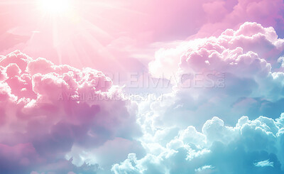 Clouds, heaven and sky with sunlight of God in belief, faith or spiritual religion at sunset. Abstract, background and wallpaper with colorful cloudy weather in air for peace, praise or worship