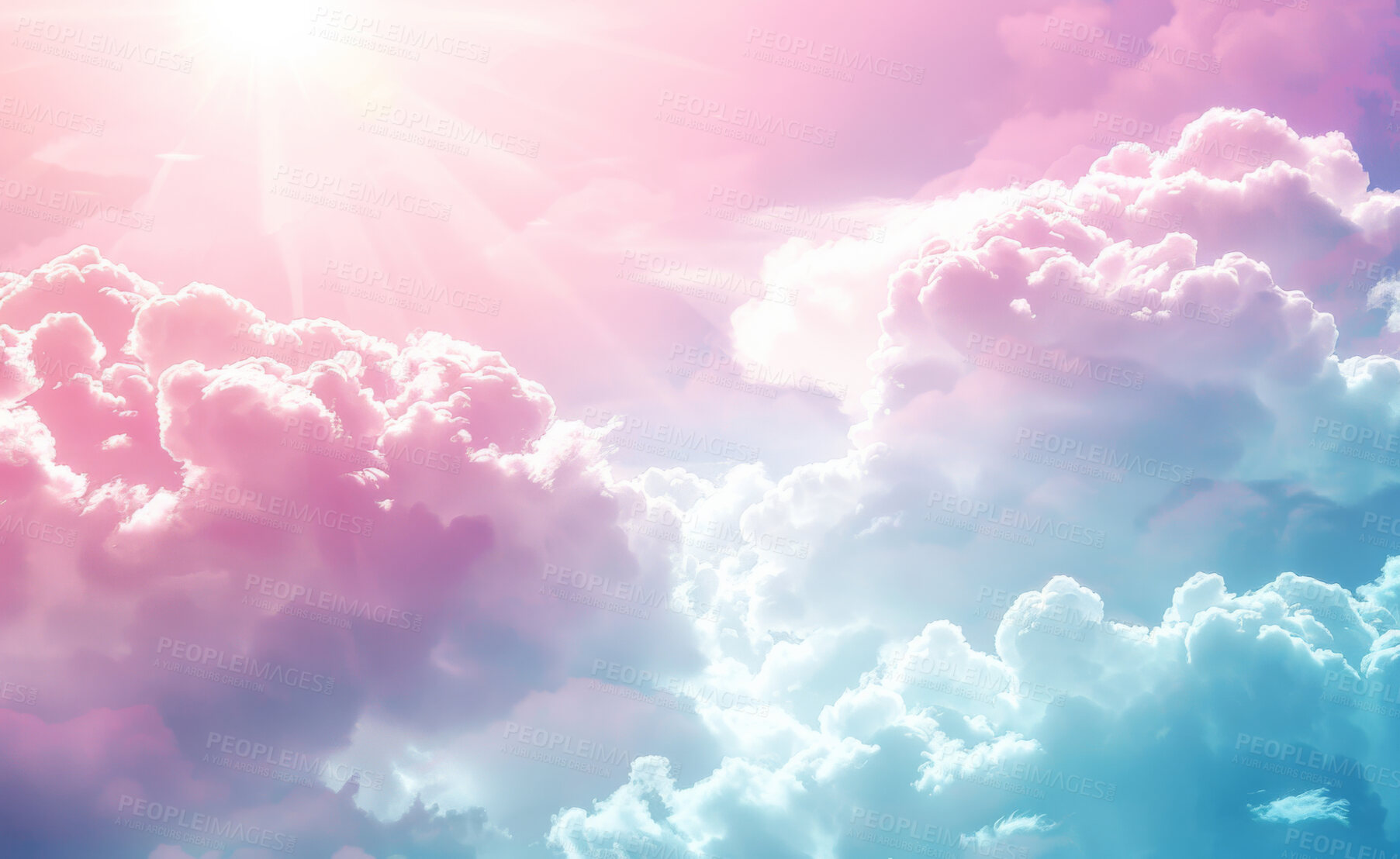 Buy stock photo Clouds, heaven and sky with sunlight of God in belief, faith or spiritual religion at sunset. Abstract, background and wallpaper with colorful cloudy weather in air for peace, praise or worship