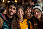 Portrait, friends and students with smile on vacation, holiday and journey in winter by blurred background. Happiness, group and face of young people outdoor in city, street and teenagera in Malaysia