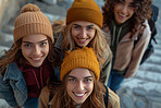 Friends, portrait and girl group on winter break, happy outdoor with top view and travel for vacation. Community, bonding and love with teen students on holiday, smile and adventure together for fun