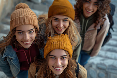 Friends, portrait and girl group on winter break, happy outdoor with top view and travel for vacation. Community, bonding and love with teen students on holiday, smile and adventure together for fun