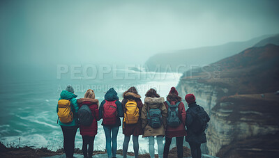 People, back and campers in winter on mountain, friends and family together on nature trip. Bonding, relationship and fun with ocean for peace, relax and travel or hiking for adventure and journey